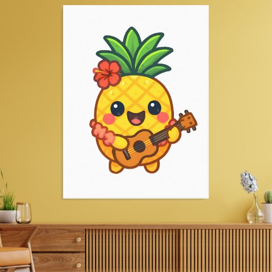 Glimlachende Kawaii Ananas – Tropisch Canvas Afdruk (Insitu (Woonkamer))