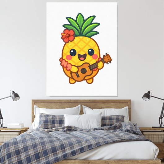 Glimlachende Kawaii Ananas – Tropisch Canvas Afdruk (Insitu (Slaapkamer))