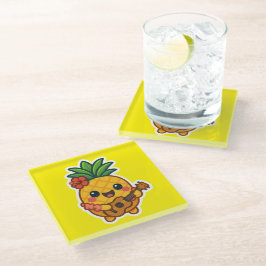 Glimlachende Kawaii Ananas – Tropisch Glazen Onderzetter