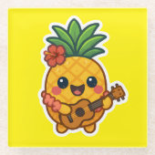 Glimlachende Kawaii Ananas – Tropisch Glazen Onderzetter (Voorkant)