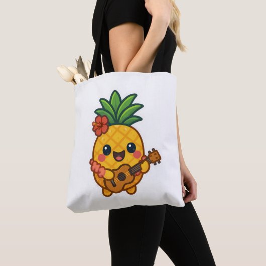 Glimlachende Kawaii Ananas – Tropisch Tote Bag (Dichtbij)