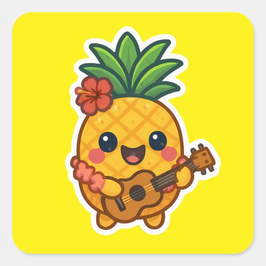 Glimlachende Kawaii Ananas – Tropisch Vierkante Sticker (Voorkant)