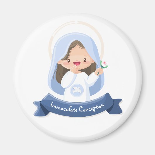 Glimlachende Kawaii Maagd Maria met Bloem – Wit Magneet (Voorkant)