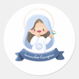 Glimlachende Kawaii Maagd Maria met Bloem – Wit Ronde Sticker