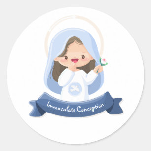 Glimlachende Kawaii Maagd Maria met Bloem – Wit Ronde Sticker