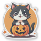 Glimlachende Kawaii zwart-witte kat – Trick or tre Sticker (Voorkant)