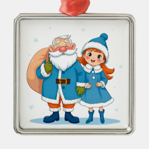 Glimlachende kerstman en sneeuwmeisje metalen ornament