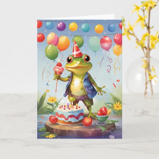 Glimlachende Kikker met Vieren Kaart (Gele Bloem)