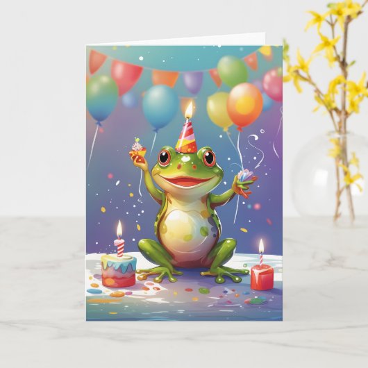 Glimlachende kikker vieren kaart (Gele Bloem)