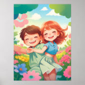 Glimlachende Kinderen in kleurrijke bloementuin Po Poster (Voorkant)