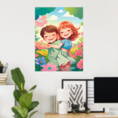 Glimlachende Kinderen in kleurrijke bloementuin Po Poster (Thuiskantoor)