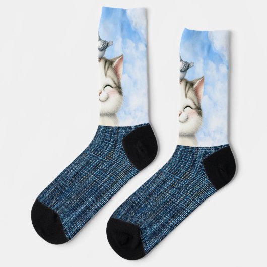 Glimlachende kitten en vogel sokken (Links)