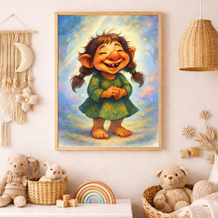 Glimlachende Kleine Troll Whimsisch Kinderverhaal Foto Afdruk