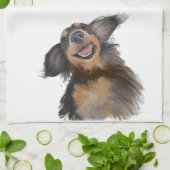 Glimlachende Lange Haired Dachshund Originele Kuns Theedoek (Gevouwen)