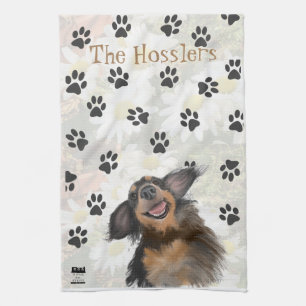 Glimlachende Lange Haired Doxie Paw Print Originel Theedoek