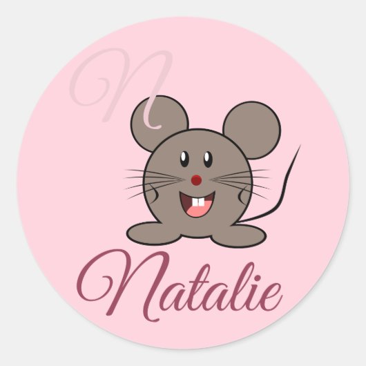 Glimlachende muis - in pastelroze monogram ronde sticker (Voorkant)
