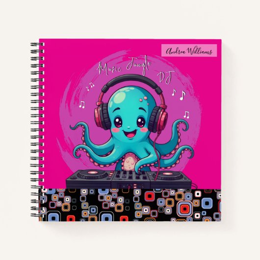 Glimlachende Octopus DJ, Happy Music Oerwoud Notitieboek (Voorkant)