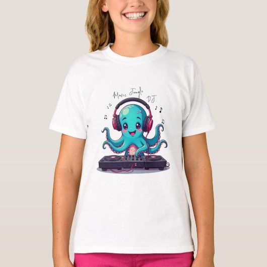 Glimlachende Octopus DJ, Happy Music Oerwoud T-shi T-shirt (Voorkant)