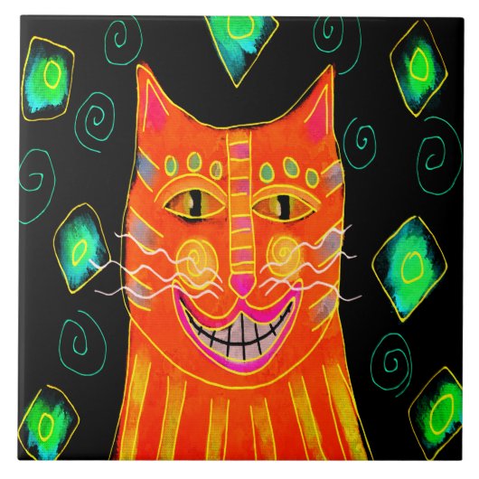 Glimlachende Oranje Kat Digitale Schildering Tegeltje (Voorkant)