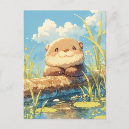 Glimlachende Otter op Zonnige Rivierstam Briefkaart (Voorkant)