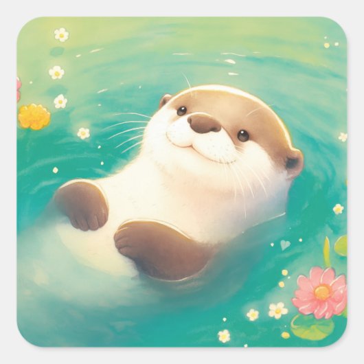 Glimlachende Otter Sticker Drijvend in een Bloemri (Voorkant)