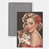 Glimlachende pin-up met kattenportret magneet (Voorkant / Achterkant)