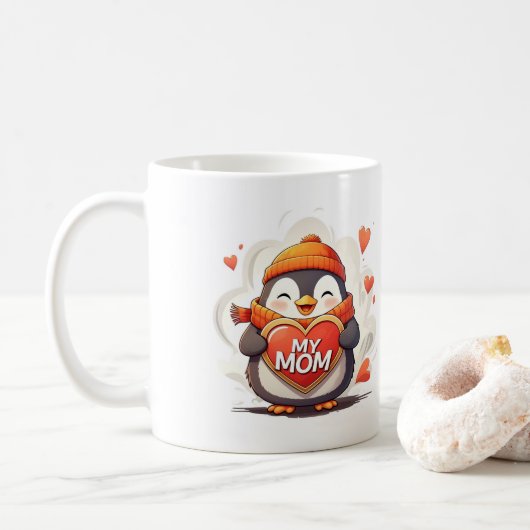 Glimlachende pinguïn met hartteken "MIJN MOEDER" Koffiemok (Met donut)