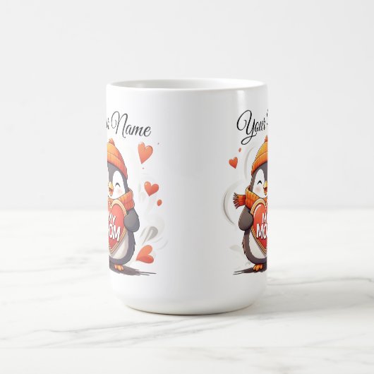 Glimlachende Pinguïn met hartteken MIJN MOEDER Magische Mok (Midden)