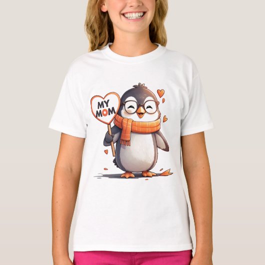 Glimlachende Pinguïn met hartteken MIJN MOEDER T-shirt (Voorkant)
