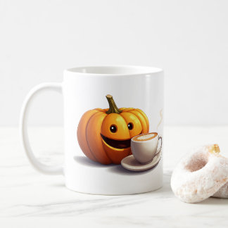 Glimlachende Pompoen Met Latte Kopje Herfst Koffie Koffiemok