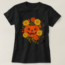Glimlachende Pompoen Retro Bloemige Halloween-ontw T-shirt