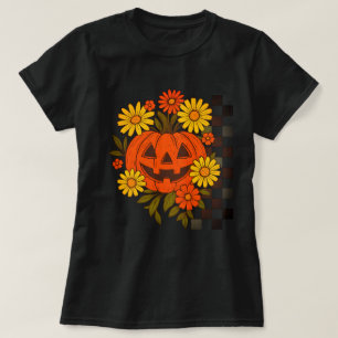 Glimlachende Pompoen Retro Bloemige Halloween-ontw T-shirt