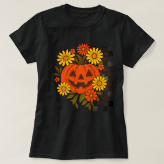 Glimlachende Pompoen Retro Bloemige Halloween-ontw T-shirt