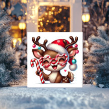 Glimlachende rendier met kerstmuts en snoepstok