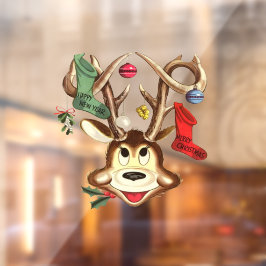 Glimlachende rendier versierd met kerstornament raamsticker