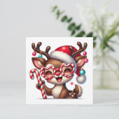 Glimlachende rendieren met kerstmuts en zuurstok feestdagenkaart (Staand voorkant)