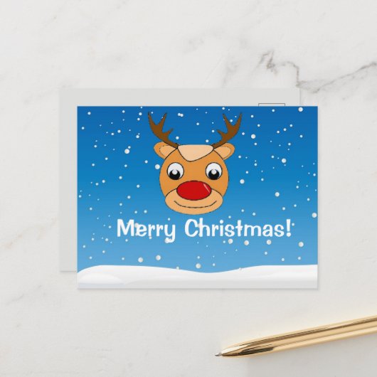 Glimlachende rendieren sneeuwval gepersonaliseerd  briefkaart (Voorkant / Achterkant in situ)