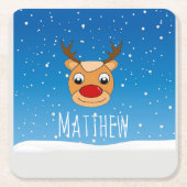 Glimlachende rendieren sneeuwval gepersonaliseerd  kartonnen onderzetters (Voorkant)