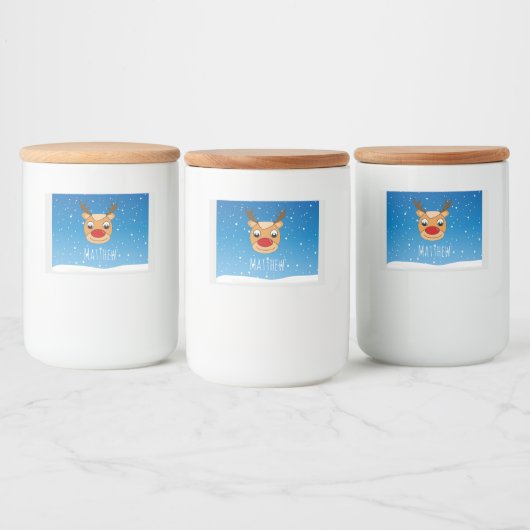 Glimlachende rendieren sneeuwval gepersonaliseerd  voedselcontainer etiket (Flessen)