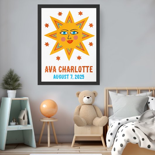 Glimlachende Retro Sun CUSTOM BABY NAAM GEBOORTEDA Poster