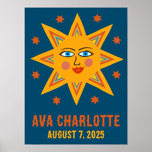 Glimlachende Retro Sun CUSTOM BABY NAAM GEBOORTEDA Poster (Voorkant)