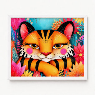 Glimlachende Roze Bloem Oranje Tijger Schilderij Poster