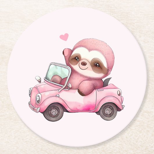 Glimlachende roze luiaard die een cabriolet rijden ronde kartonnen onderzetter (Voorkant)