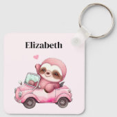 Glimlachende roze luiaard die een cabriolet rijden sleutelhanger (Achterkant)
