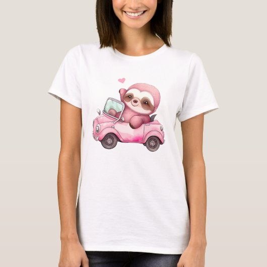 Glimlachende roze luiaard die een cabriolet rijden t-shirt (Voorkant)