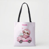 Glimlachende roze luiaard die een cabriolet rijden tote bag (Voorkant)