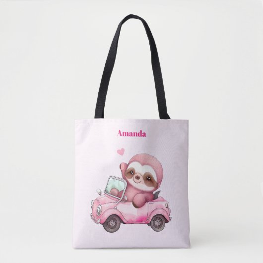 Glimlachende roze luiaard die een cabriolet rijden tote bag (Voorkant)