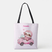 Glimlachende roze luiaard die een cabriolet rijden tote bag (Achterkant)