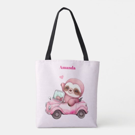 Glimlachende roze luiaard die een cabriolet rijden tote bag (Achterkant)