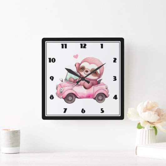 Glimlachende roze luiaard die een cabriolet rijden vierkante klok (Huis)